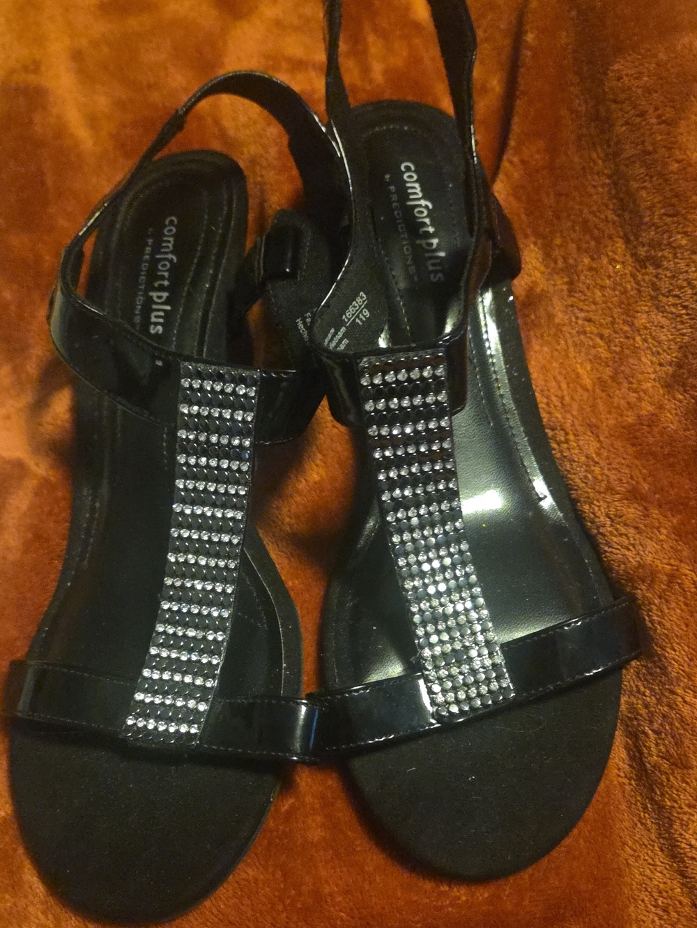 comfort plus by Predictions Black T-Strap Crystal Accent Slingback Sandals